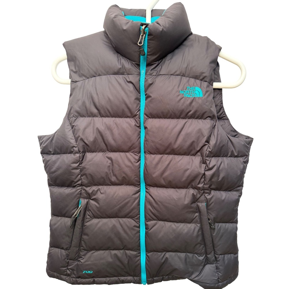 The North Face Nuptse 700 Down Puffer Vest Womens Medium Black Teal Full Zip